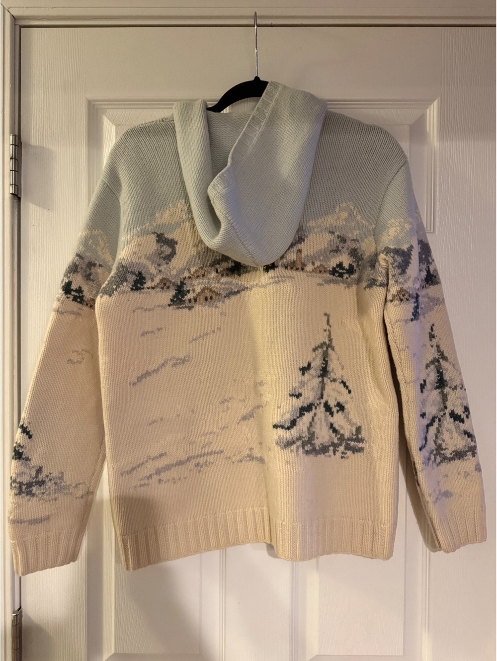 Lauren Ralph Lauren Hand Knit 100% Lambswool Winter Sleigh Scene Hooded Sweater - Picture 2 of 5